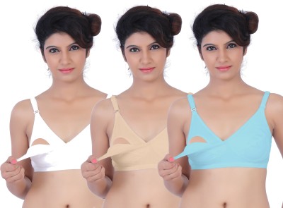 Fabme Feeding Women Maternity/Nursing Non Padded Bra(Light Blue, White, Brown)