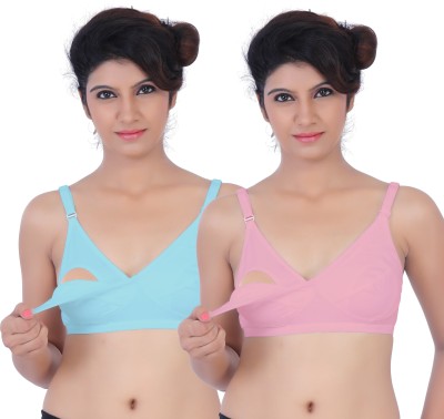 Fabme Feeding Women Maternity/Nursing Non Padded Bra(Light Blue, Pink)