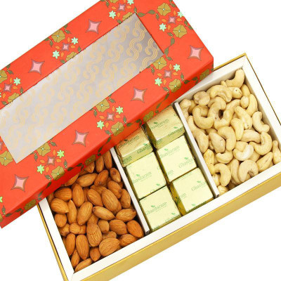 

Ghasitaram Gifts Red Printed 3 Part Almonds,Chocolate and Cashew Box Combo