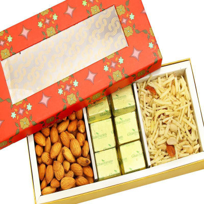 

Ghasitaram Gifts Red Printed 3 Part Almonds,Chocolate and Namkeen Box Combo
