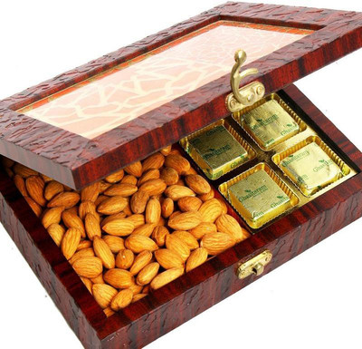 

Ghasitaram Gifts Lazer Orange Wooden Jewellery Chocolates and Almond Box Combo