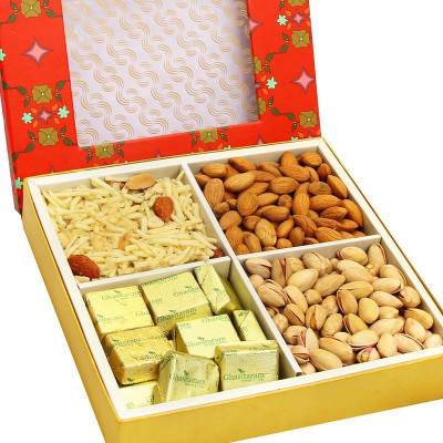 

Ghasitaram Gifts Red Printed 4 Part Almonds,Pistachios,Chocolate and Namkeen Box Combo