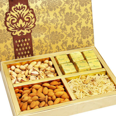 

Ghasitaram Gifts Brown Printed Almonds, Pistachios, Chocolate and Namkeen Box Combo