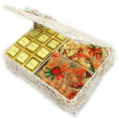 

Ghasitaram Gifts Silver Mesh Chocolate, Almonds and Cashew Box Combo(480)