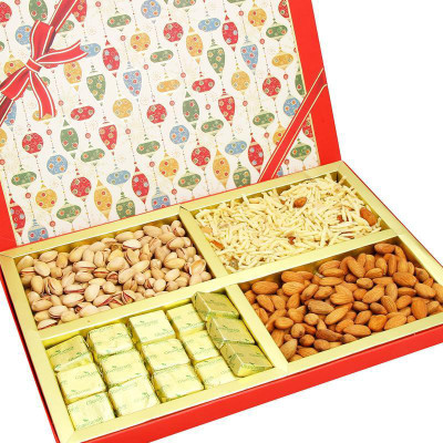 Ghasitaram Gifts Red Square Almonds, Pistachios, Chocolate and Namkeen Box Combo