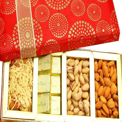 Ghasitaram Gifts Satin 4 Part Almonds, Pistachios, Chocolate and Namkeen Box Combo(200)