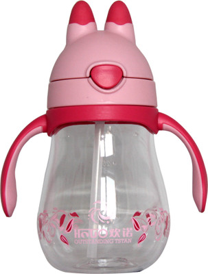 

Saanveria Premium Quality Baby Straw Cup Sipper 250 ml Double Deck Automatic Straw Flip Cap Leak proof floral Print and Shape Double Handle(Pink, Red)