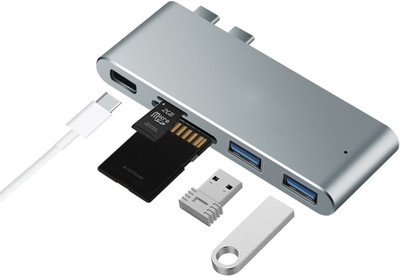 

iKraft Dual USB C Hub with Thunderbolt Type-C Port SD / TF Card Reader 2 USB-A 3.0 Ports Support Data Transfer 5K Video Output for 13” 0r 15” Macbook Pro 2016 / 2017 USB Adapter(Silver)