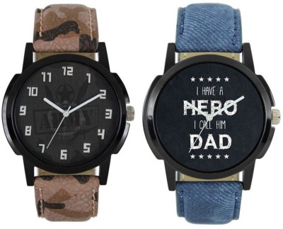 FASHION POOL LOREM MEN'S MOST STUNNING ROUND DIAL ARMY STYLE WATCH & I HAVE A HERO DAD DIAL GRAPHICS WATCH COMBO PROFESSIONAL & CASUAL WEAR WATCH WITH BLUE & ARMY STYLE LEATHER BELT WATCH FOR FESTIVAL SPECIAL Watch  - For Boys   Watches  (FASHION POOL)