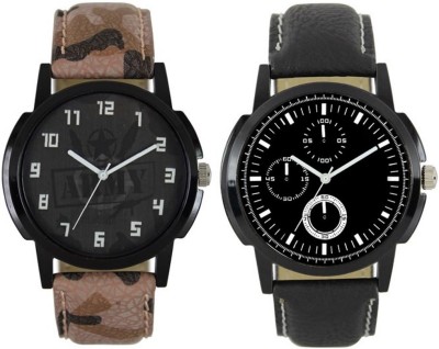 FASHION POOL LOREM MEN'S MOST PERFECT WATCH COMBO OF ARMY STYLE & FULL BLACK ROUND DIAL MOST UNIQUE COMBO PROFESSIONAL & CASUAL WEAR WATCH WITH FULL BLACK & ARMY STYLE LEATHER BELT WATCH FOR FESTIVAL SPECIAL Watch  - For Boys   Watches  (FASHION POOL)