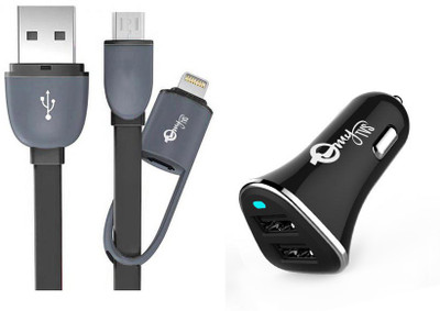 

myTVS 2.4 Amp TI-10 2 ports Black Car Mobile Charger with TC-34 2-in-1 Black Micro USB and iOS Data Transfer cable for Android + iOS (1 mtr) Combo