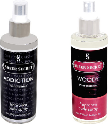 

SHEER SECRET ADDICTION MEN::WOODY MEN Body Mist - For Men(400 ml, Pack of 2)