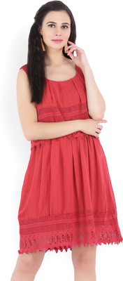 Tokyo Talkies Women Fit and Flare Maroon Above Knee/Mid Thigh Length Dress