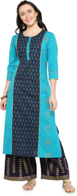 BITTERLIME Women Block Print Straight Kurta(Blue)