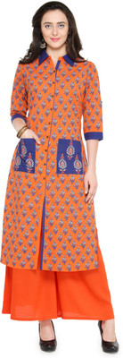 BITTERLIME Women Block Print Straight Kurta(Orange)