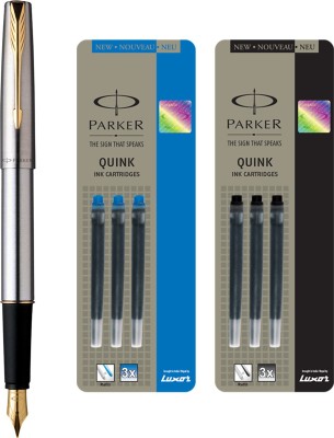 PARKER Frontier Stainless Steel GT Fountain Pen with 3 Blue / 3Black Quink Ink Cartridge(Pack of 3, Ink Color - Blue, Black)