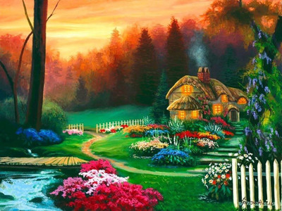 

sunsets house nature digital painting cottage HD wallpaper on Art Paper Fine Art Print(19 inch X 13 inch, Rolled)