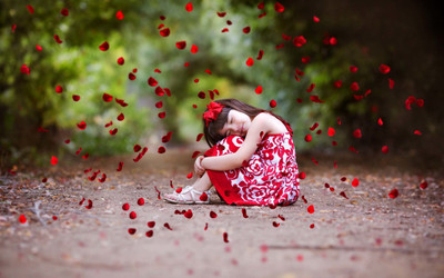 

People Children Petals of a red rose fall on a little girl on fine art paper 13x19 Paper Print(19 inch X 13 inch, Rolled)