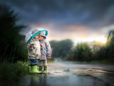 

People Children Little boy and girl under an umbrella on the road on fine art paper 13x19 Paper Print(19 inch X 13 inch, Rolled)