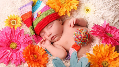

Children Baby sleeps in bed among the flowers on fine art paper 13x19 Fine Art Print(19 inch X 13 inch, Rolled)
