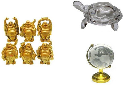 

Gifts By Meeta Combo 8 in 1 Set of Feng Shui Chinese Happy Man / Laughing Buddha - 6 different Poses Set Figurine, Crystal Turtle Tortoise for Vastu, Money, Wealth & Luck And World Globe Decorative Showpiece - 5 cm(Alloy, Multicolor)