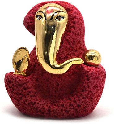 

iKraft Ganesha Pumice Stone Carving Idol Gold Plated Statue for Home Décor and car Dashboard Decorative Showpiece - 9.5 cm(Stoneware, Red)