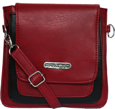 

Fristo Women Casual Maroon, Black PU Sling Bag, Black;maroon