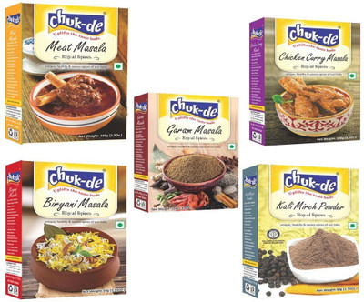 

Chukde Meat Masala(100g), Chicken Curry(100g), Garam Masala(100g), Biryani Pulav(50g), Black Pepper Powder(50g), Combo(5 x 80 g)