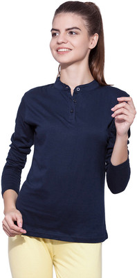 Ap'pulse Solid Women Mandarin Collar Dark Blue T-Shirt
