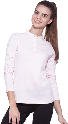 Ap'pulse Solid Women Mandarin Collar Pink T-Shirt
