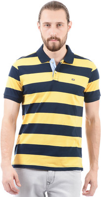 Arrow Sport Striped Men Polo Neck Dark Blue, Yellow T-Shirt