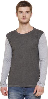 GRAND STITCH Solid Men Round Neck Grey T-Shirt