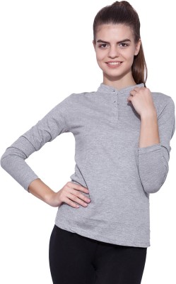 Ap'pulse Solid Women Mandarin Collar Grey T-Shirt