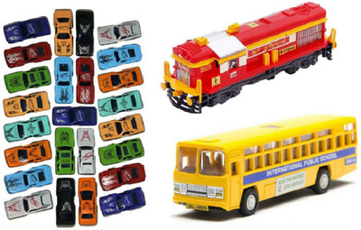 

MN OVERSEAS Multicolor Combo of 25 Pull Back Cars with School Bus and Locmotive Engine for kids(Multicolor)