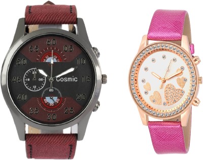COSMIC ARTIFICIAL CHRONOGRAPH DIAL MAROON STRAP MEN WATCH WITH QUEEN OF HEARTS SOOMS SL-0068 SUPER BEAUTIFUL LADIES DIAMOND STUDDED PARTY WEAR Watch  - For Couple   Watches  (COSMIC)
