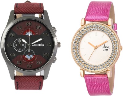 COSMIC ARTIFICIAL CHRONOGRAPH DIAL MAROON STRAP MEN WATCH WITH DIAMOND STUDDED AND GLAMOROUS DIVA LADIES PARTY WEAR Watch  - For Couple   Watches  (COSMIC)