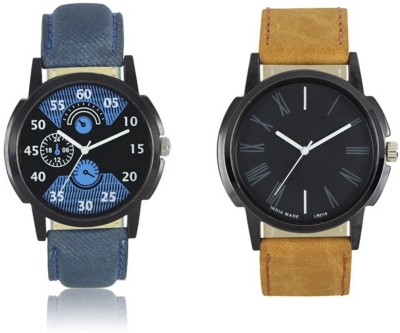 FASHION POOL MEN'S MOST STUNNING & ULTIMATE COMBO OF FULL BLUE & BLACK ROUND DIAL WATCH PROFESSIONAL & PARTY WEAR WATCH WITH BLUE & BROWN LEATHER BELT FOR FESTIVAL SPECIAL Watch  - For Boys   Watches  (FASHION POOL)