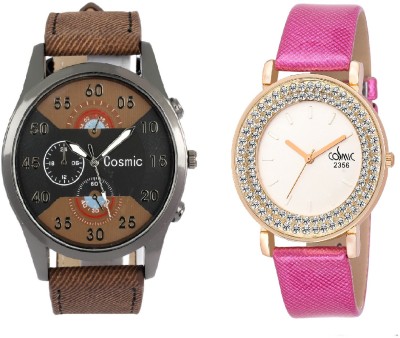 COSMIC ARTIFICIAL CHRONOGRAPH DIAL DARK BROWN JEANS STRAP MEN WATCH WITH DIAMOND STUDDED AND GLAMOROUS DIVA LADIES PARTY WEAR Watch  - For Couple   Watches  (COSMIC)