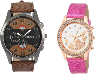 COSMIC ARTIFICIAL CHRONOGRAPH DIAL DARK BROWN JEANS STRAP MEN WATCH WITH QUEEN OF HEARTS SOOMS SL-0068 SUPER BEAUTIFUL LADIES DIAMOND STUDDED PARTY WEAR Watch  - For Couple   Watches  (COSMIC)