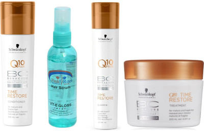 

Schwarzkopf Q10 Plus Time Restore Conditioner+Masque+Shampoo with Pink Root Hair Serum(Set of 4)