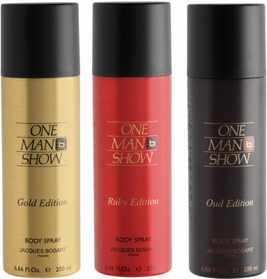 

BOGART One Man Show Gold Deo , Ruby & One Man Show Oud Deodorant Spray - For Men(600 ml, Pack of 3)
