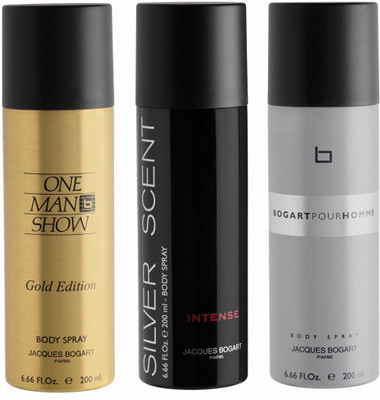 

BOGART One Man Show Gold, Silver Scent Intense & Pour Homme Deodorant Spray - For Men(600 ml, Pack of 3)