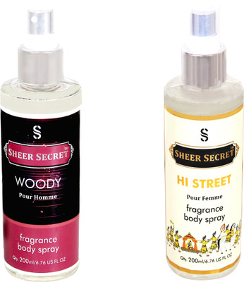 

SHEER SECRET WOODY MEN::HI STREET WOMEN Body Mist - For Men & Women(400 ml, Pack of 2)