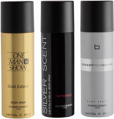 

BOGART One Man Show Gold , Silver Scent Intense & Pour Homme Deodorant Spray - For Men(600 ml, Pack of 3)