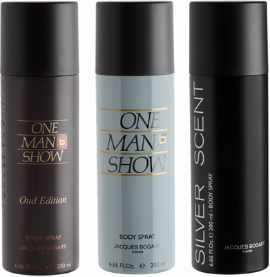 

BOGART One Man Show Oud , One Man Show & Silver Scent Deodorant Spray - For Men(600 ml, Pack of 3)