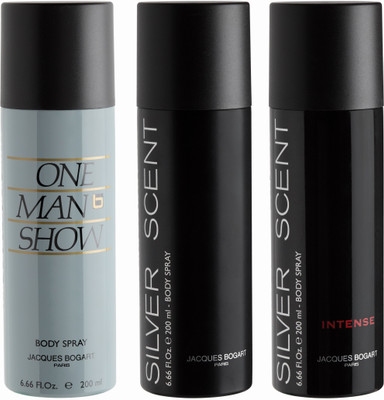 

BOGART One Man Show, Silver Scent Intense & Silver Scent Deodorant Spray - For Men(600 ml, Pack of 3)