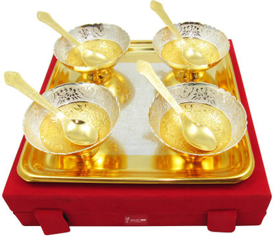 

GoldGiftIdeas 3.5 Inch Gold-Silver Plated Four Patti Serving Bowl Tray Spoon Dinner Set(Gold Plated, Silver Plated)