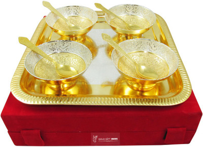 

GoldGiftIdeas 4 Inch Patti Design Four Bowl Tray Spoon Serving Dinner Set(Gold Plated, Silver Plated)