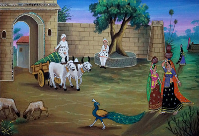 

digital painting Gujarat architecture with villagers and serene flora on LARGE PRINT 36X24 INCHES Photographic Paper(36 inch X 24 inch, Rolled)