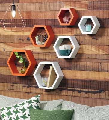 Gorevizon Orange & White MDF Hexagon Wall Shelf - Set of 6 MDF (Medium Density Fiber) Wall Shelf(Number of Shelves - 6, Orange)